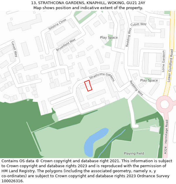 13, STRATHCONA GARDENS, KNAPHILL, WOKING, GU21 2AY: Location map and indicative extent of plot