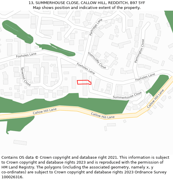 13, SUMMERHOUSE CLOSE, CALLOW HILL, REDDITCH, B97 5YF: Location map and indicative extent of plot