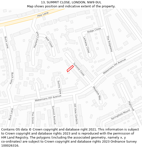 13, SUMMIT CLOSE, LONDON, NW9 0UL: Location map and indicative extent of plot