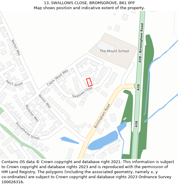 13, SWALLOWS CLOSE, BROMSGROVE, B61 0FP: Location map and indicative extent of plot