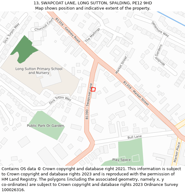 13, SWAPCOAT LANE, LONG SUTTON, SPALDING, PE12 9HD: Location map and indicative extent of plot