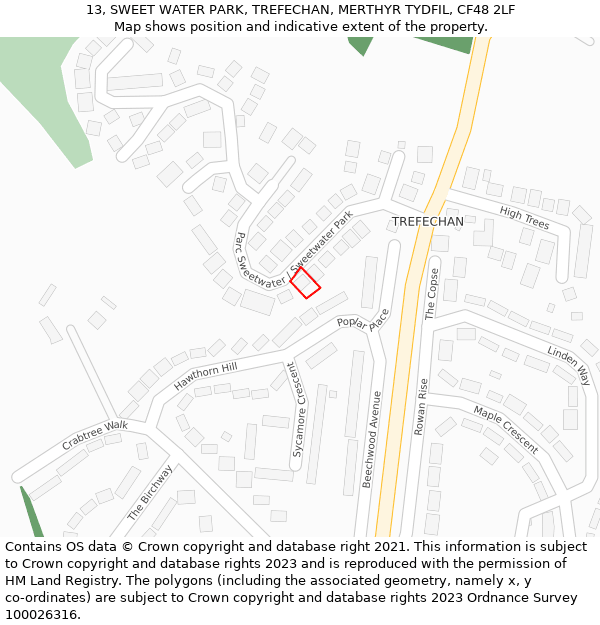 13, SWEET WATER PARK, TREFECHAN, MERTHYR TYDFIL, CF48 2LF: Location map and indicative extent of plot