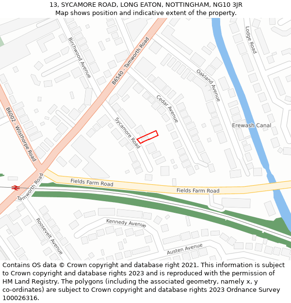 13, SYCAMORE ROAD, LONG EATON, NOTTINGHAM, NG10 3JR: Location map and indicative extent of plot