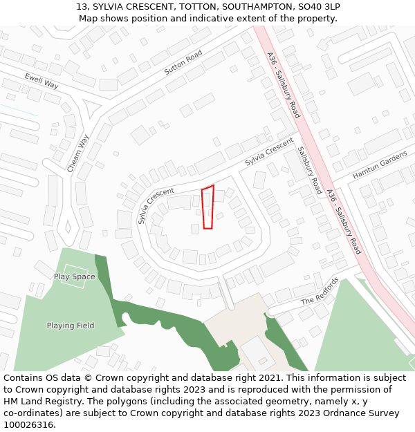 13, SYLVIA CRESCENT, TOTTON, SOUTHAMPTON, SO40 3LP: Location map and indicative extent of plot