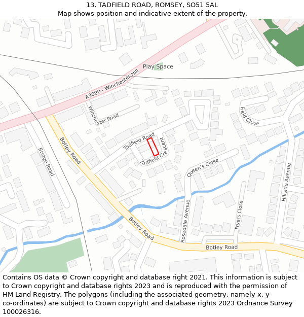 13, TADFIELD ROAD, ROMSEY, SO51 5AL: Location map and indicative extent of plot