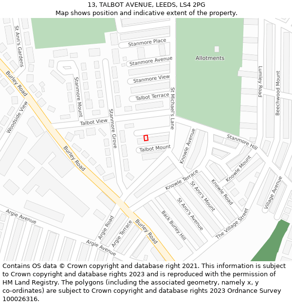 13, TALBOT AVENUE, LEEDS, LS4 2PG: Location map and indicative extent of plot
