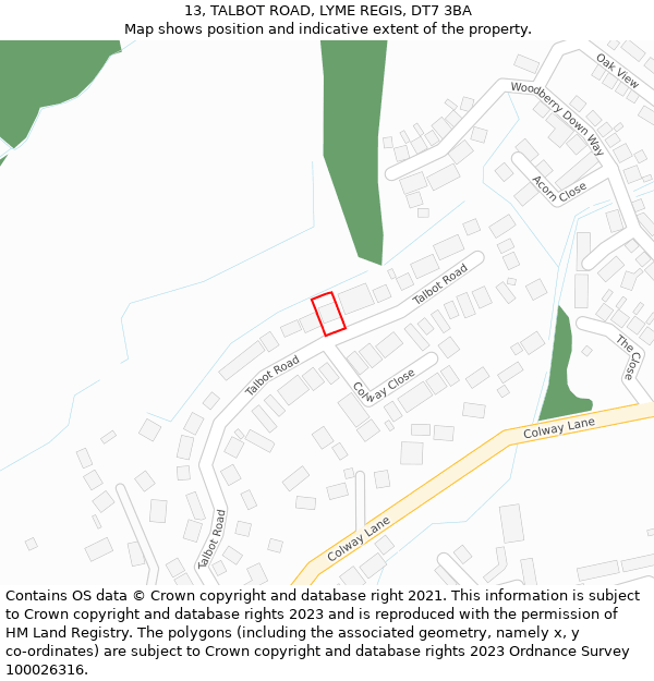 13, TALBOT ROAD, LYME REGIS, DT7 3BA: Location map and indicative extent of plot