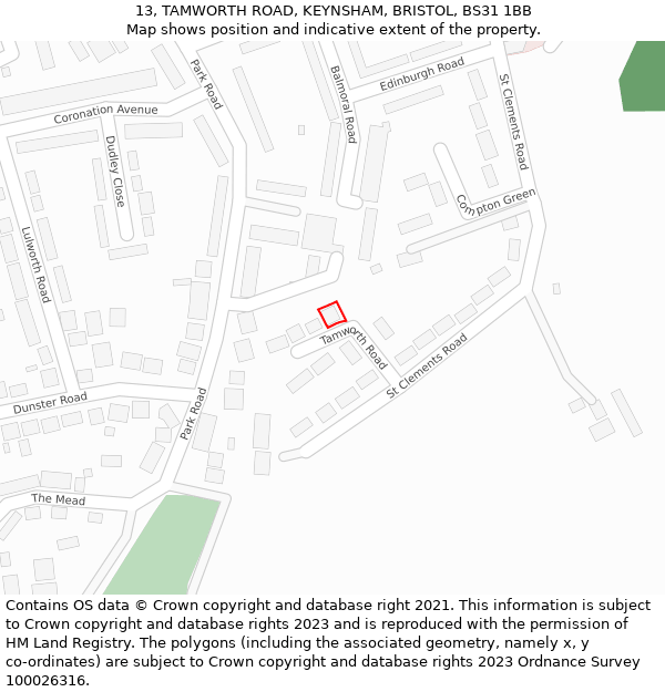 13, TAMWORTH ROAD, KEYNSHAM, BRISTOL, BS31 1BB: Location map and indicative extent of plot