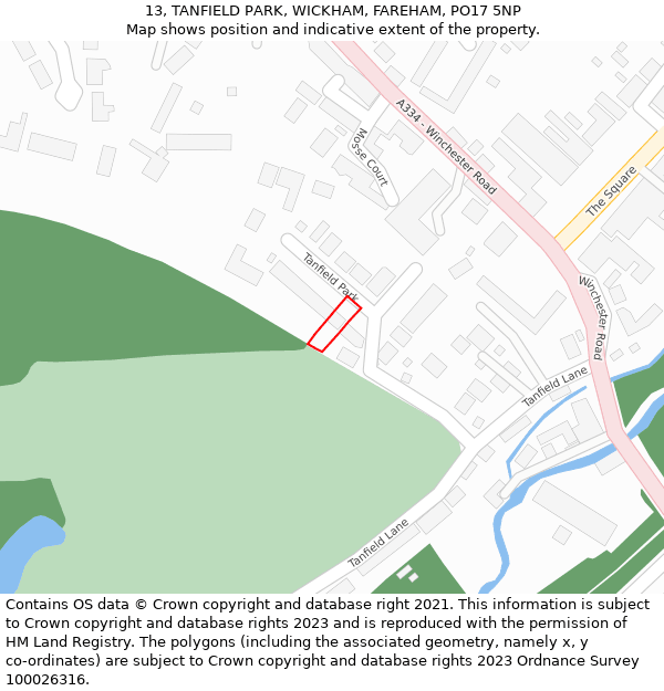 13, TANFIELD PARK, WICKHAM, FAREHAM, PO17 5NP: Location map and indicative extent of plot