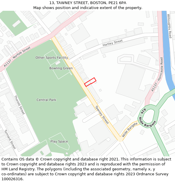 13, TAWNEY STREET, BOSTON, PE21 6PA: Location map and indicative extent of plot