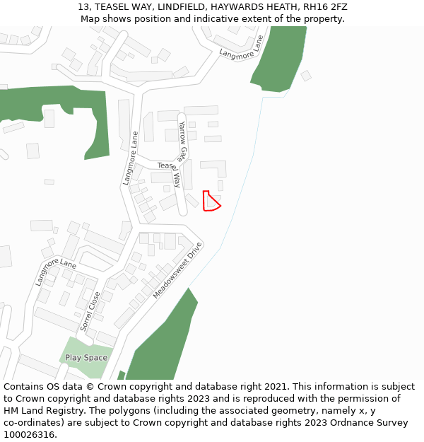 13, TEASEL WAY, LINDFIELD, HAYWARDS HEATH, RH16 2FZ: Location map and indicative extent of plot