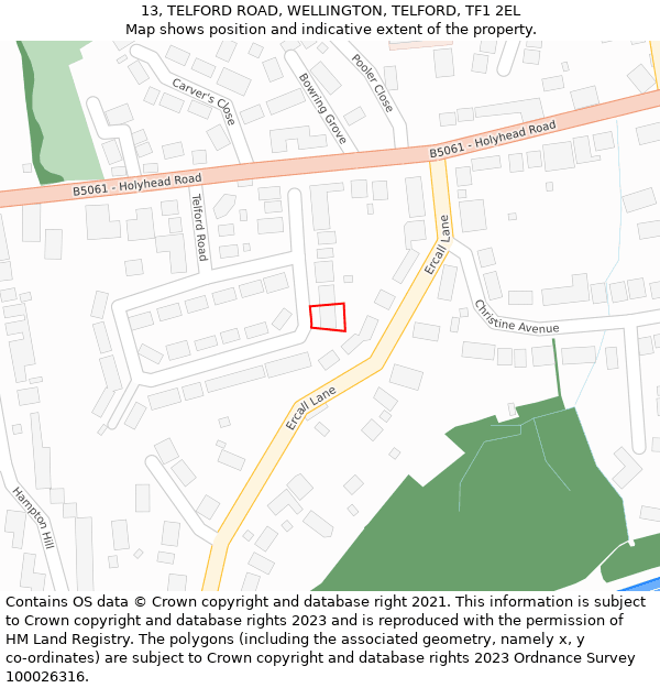 13, TELFORD ROAD, WELLINGTON, TELFORD, TF1 2EL: Location map and indicative extent of plot