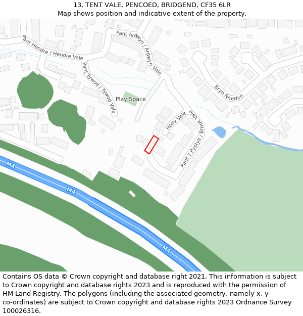 13, TENT VALE, PENCOED, BRIDGEND, CF35 6LR: Location map and indicative extent of plot