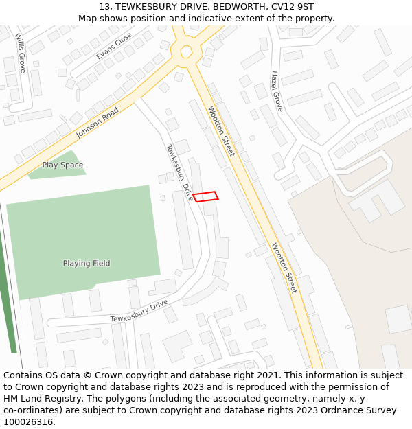 13, TEWKESBURY DRIVE, BEDWORTH, CV12 9ST: Location map and indicative extent of plot