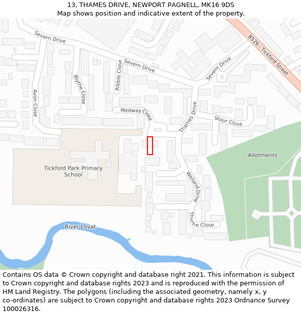 13, THAMES DRIVE, NEWPORT PAGNELL, MK16 9DS: Location map and indicative extent of plot