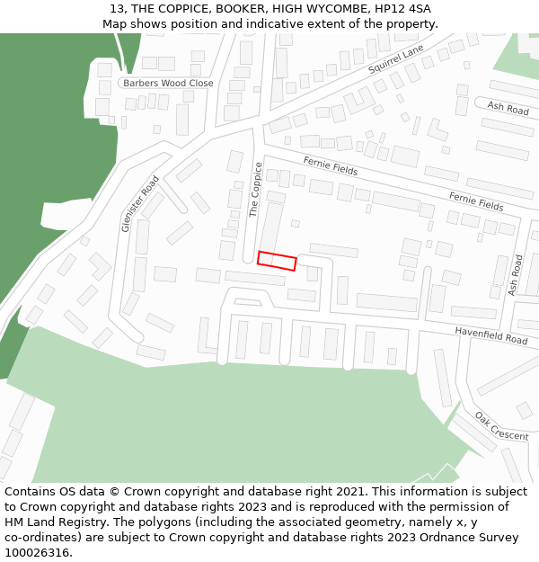 13, THE COPPICE, BOOKER, HIGH WYCOMBE, HP12 4SA: Location map and indicative extent of plot