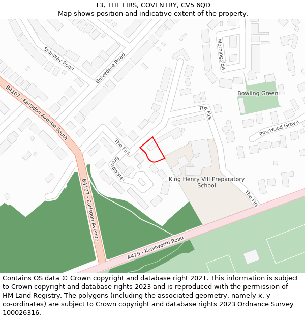 13, THE FIRS, COVENTRY, CV5 6QD: Location map and indicative extent of plot