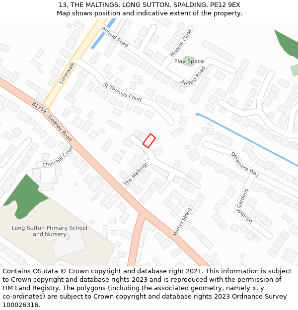 13, THE MALTINGS, LONG SUTTON, SPALDING, PE12 9EX: Location map and indicative extent of plot