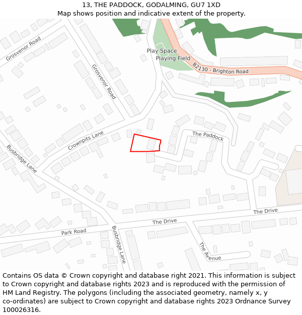 13, THE PADDOCK, GODALMING, GU7 1XD: Location map and indicative extent of plot