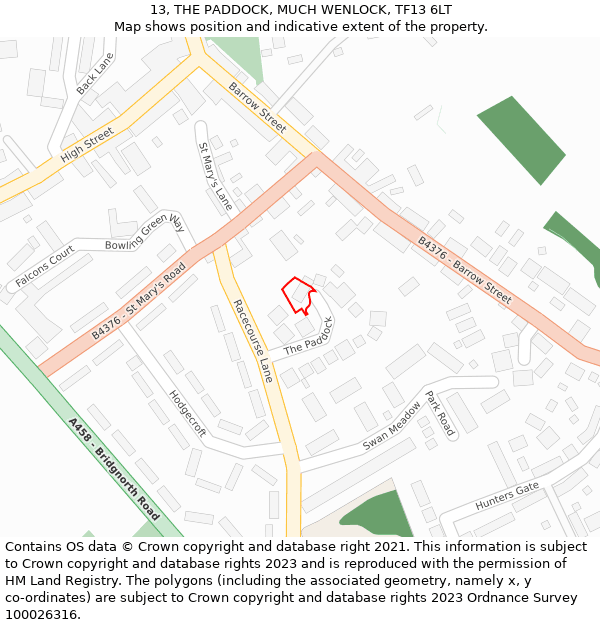 13, THE PADDOCK, MUCH WENLOCK, TF13 6LT: Location map and indicative extent of plot