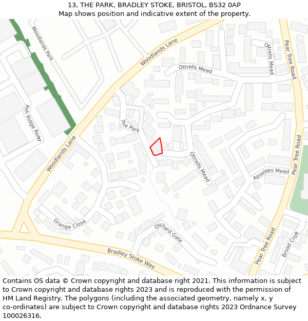 13, THE PARK, BRADLEY STOKE, BRISTOL, BS32 0AP: Location map and indicative extent of plot