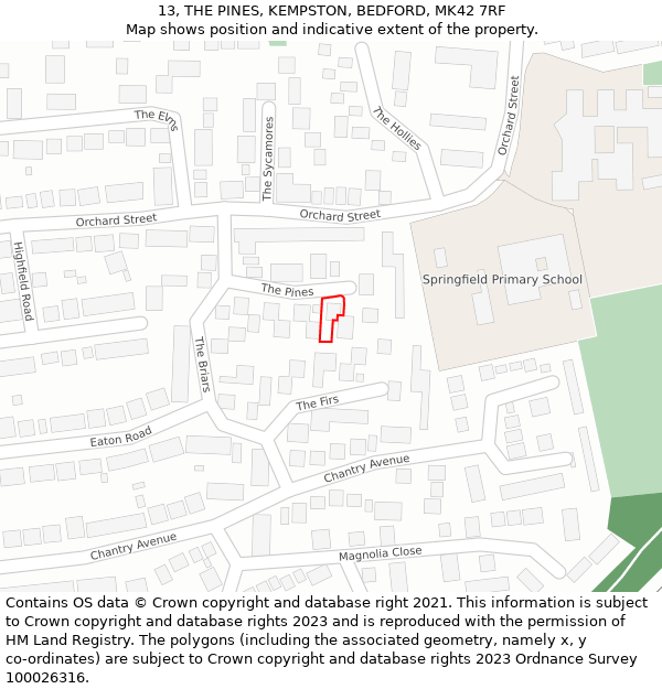 13, THE PINES, KEMPSTON, BEDFORD, MK42 7RF: Location map and indicative extent of plot