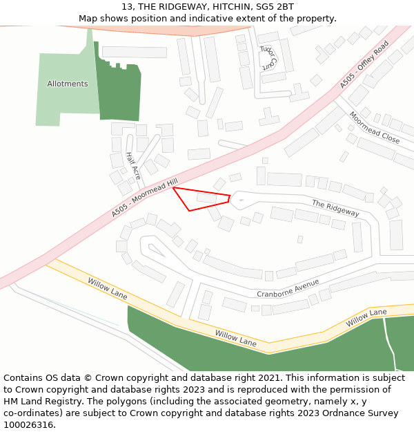 13, THE RIDGEWAY, HITCHIN, SG5 2BT: Location map and indicative extent of plot