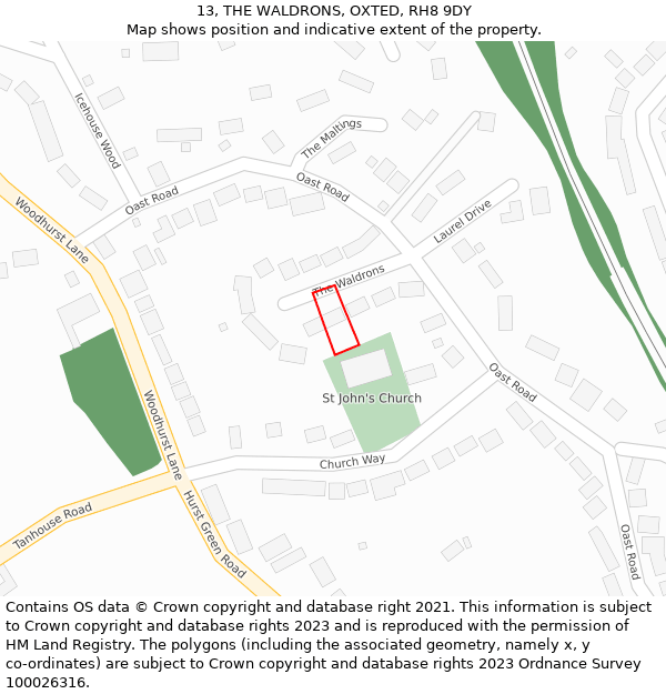 13, THE WALDRONS, OXTED, RH8 9DY: Location map and indicative extent of plot