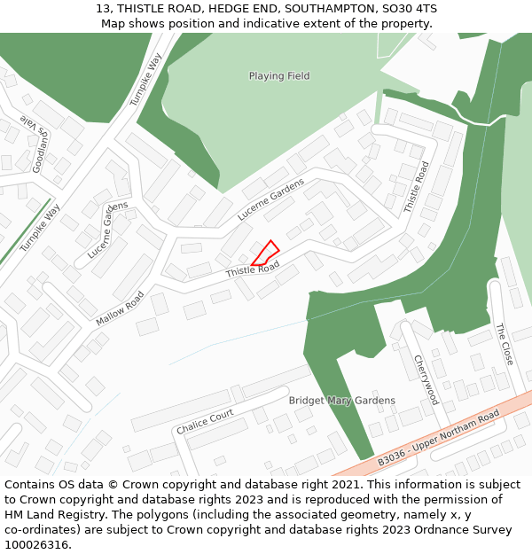 13, THISTLE ROAD, HEDGE END, SOUTHAMPTON, SO30 4TS: Location map and indicative extent of plot