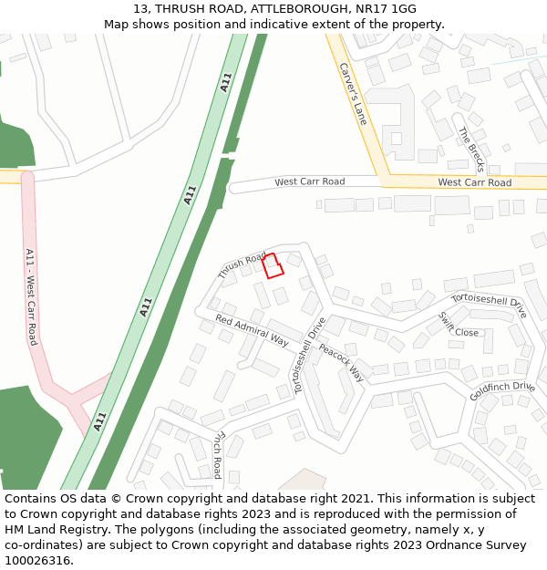 13, THRUSH ROAD, ATTLEBOROUGH, NR17 1GG: Location map and indicative extent of plot
