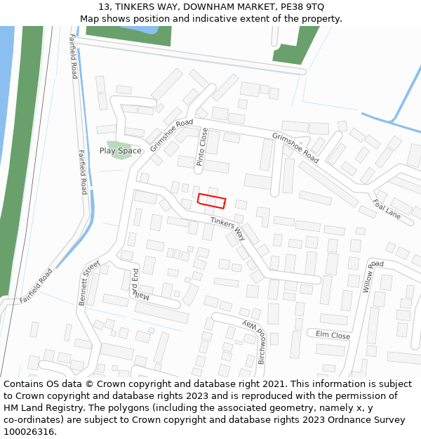 13, TINKERS WAY, DOWNHAM MARKET, PE38 9TQ: Location map and indicative extent of plot