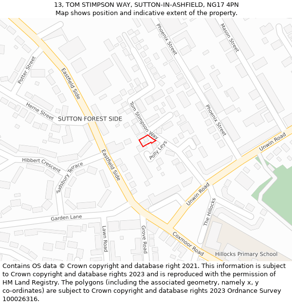 13, TOM STIMPSON WAY, SUTTON-IN-ASHFIELD, NG17 4PN: Location map and indicative extent of plot