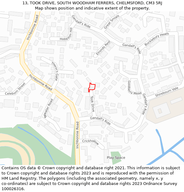 13, TOOK DRIVE, SOUTH WOODHAM FERRERS, CHELMSFORD, CM3 5RJ: Location map and indicative extent of plot