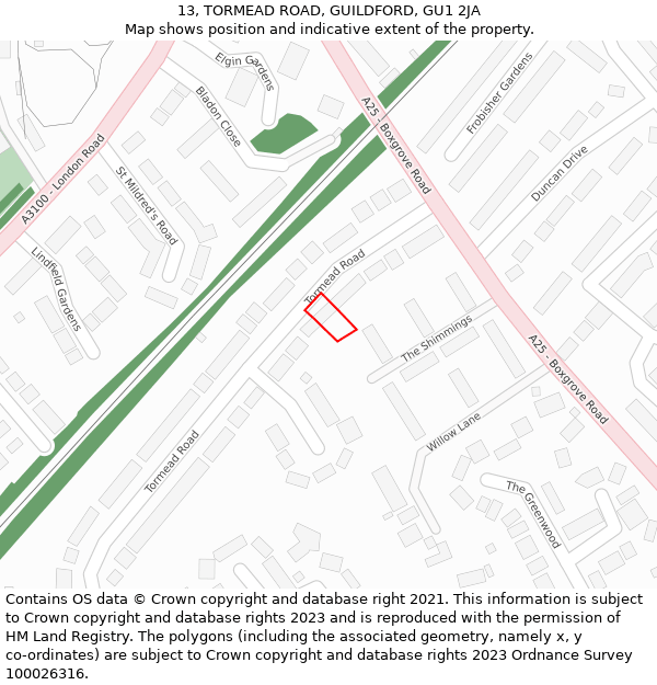 13, TORMEAD ROAD, GUILDFORD, GU1 2JA: Location map and indicative extent of plot