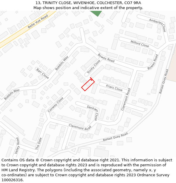 13, TRINITY CLOSE, WIVENHOE, COLCHESTER, CO7 9RA: Location map and indicative extent of plot