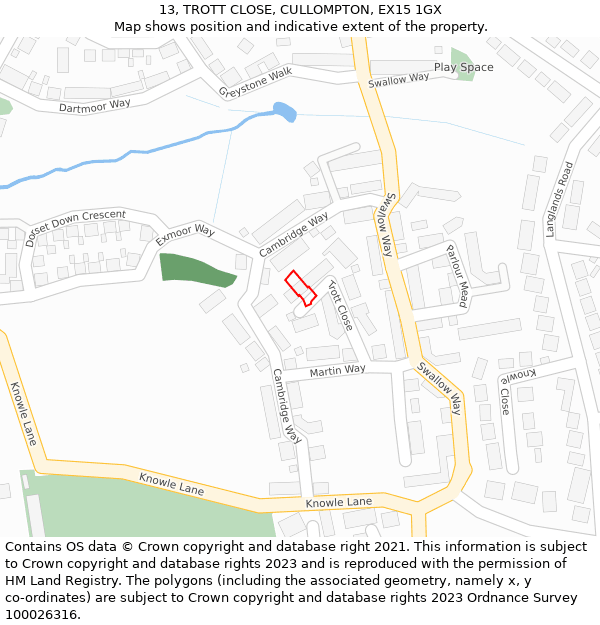 13, TROTT CLOSE, CULLOMPTON, EX15 1GX: Location map and indicative extent of plot