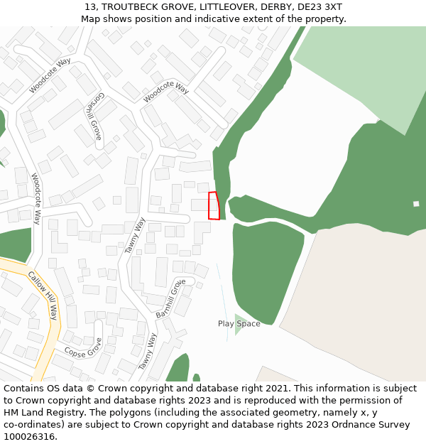 13, TROUTBECK GROVE, LITTLEOVER, DERBY, DE23 3XT: Location map and indicative extent of plot