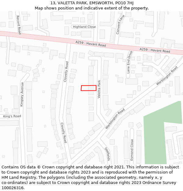 13, VALETTA PARK, EMSWORTH, PO10 7HJ: Location map and indicative extent of plot