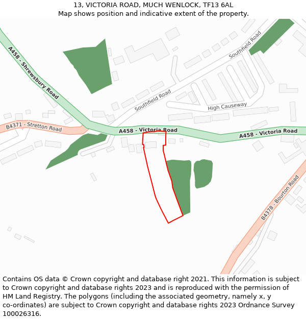 13, VICTORIA ROAD, MUCH WENLOCK, TF13 6AL: Location map and indicative extent of plot