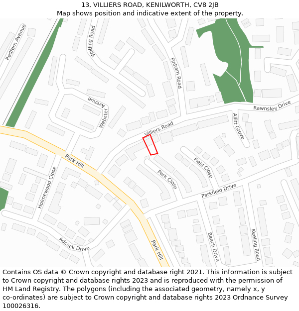 13, VILLIERS ROAD, KENILWORTH, CV8 2JB: Location map and indicative extent of plot