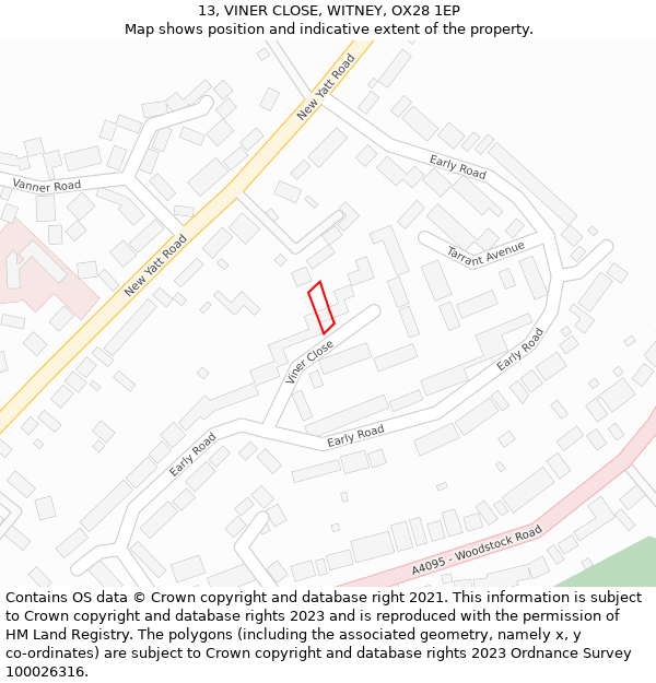 13, VINER CLOSE, WITNEY, OX28 1EP: Location map and indicative extent of plot