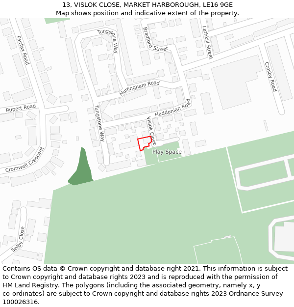 13, VISLOK CLOSE, MARKET HARBOROUGH, LE16 9GE: Location map and indicative extent of plot