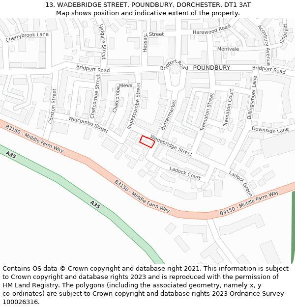 13, WADEBRIDGE STREET, POUNDBURY, DORCHESTER, DT1 3AT: Location map and indicative extent of plot