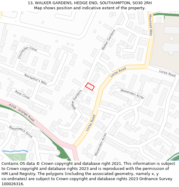 13, WALKER GARDENS, HEDGE END, SOUTHAMPTON, SO30 2RH: Location map and indicative extent of plot