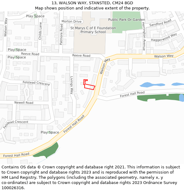 13, WALSON WAY, STANSTED, CM24 8GD: Location map and indicative extent of plot