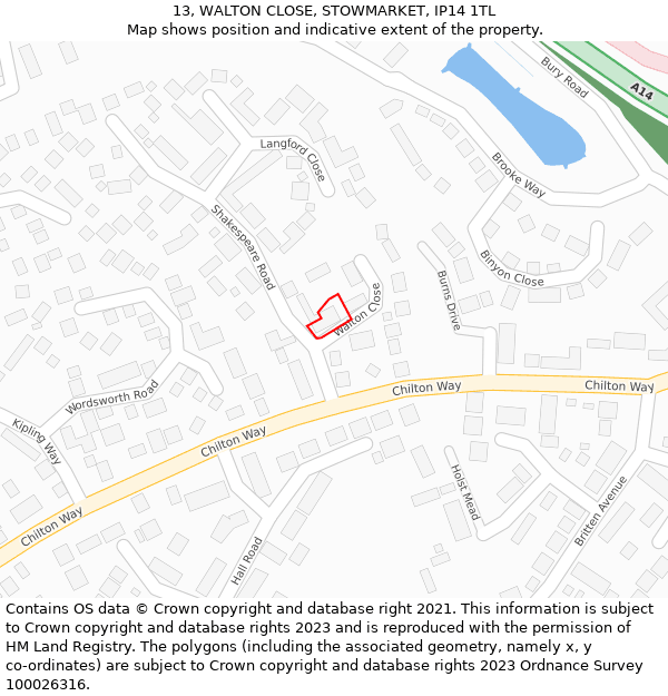 13, WALTON CLOSE, STOWMARKET, IP14 1TL: Location map and indicative extent of plot