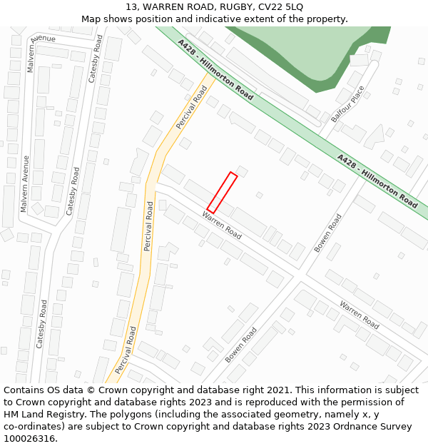 13, WARREN ROAD, RUGBY, CV22 5LQ: Location map and indicative extent of plot