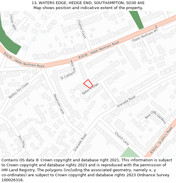 13, WATERS EDGE, HEDGE END, SOUTHAMPTON, SO30 4AE: Location map and indicative extent of plot