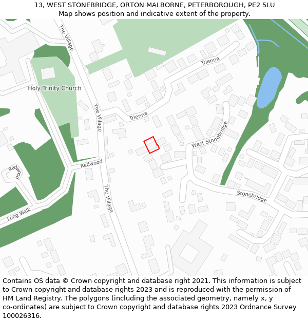13, WEST STONEBRIDGE, ORTON MALBORNE, PETERBOROUGH, PE2 5LU: Location map and indicative extent of plot