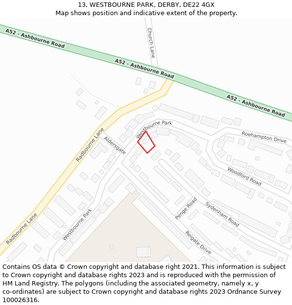 13, WESTBOURNE PARK, DERBY, DE22 4GX: Location map and indicative extent of plot